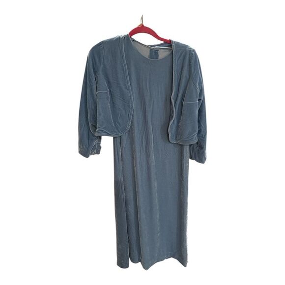 Handmade Blue Velour Sleeveless Dress with Matching Open Jacket | Artisan Vintag - Picture 5 of 7